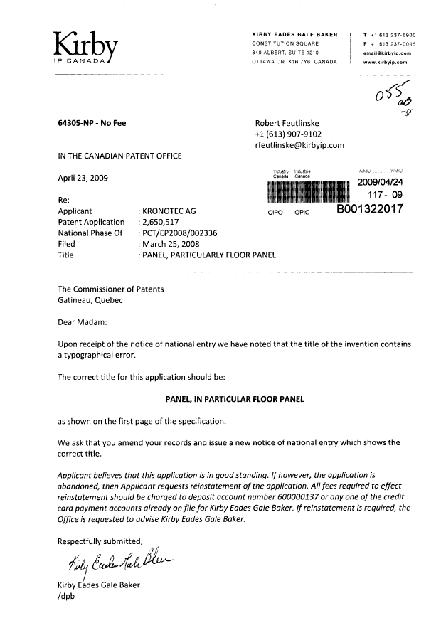 Document de brevet canadien 2650517. Correspondance 20090424. Image 1 de 1