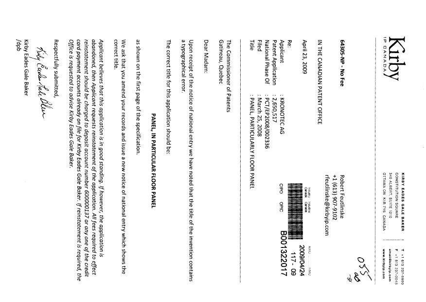 Canadian Patent Document 2650517. Correspondence 20090424. Image 1 of 1