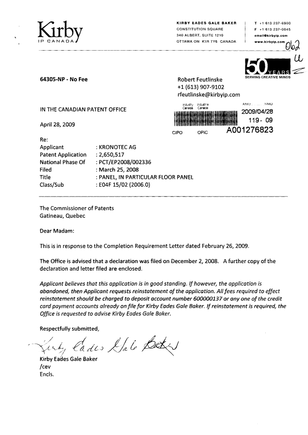 Document de brevet canadien 2650517. Correspondance 20090428. Image 1 de 3
