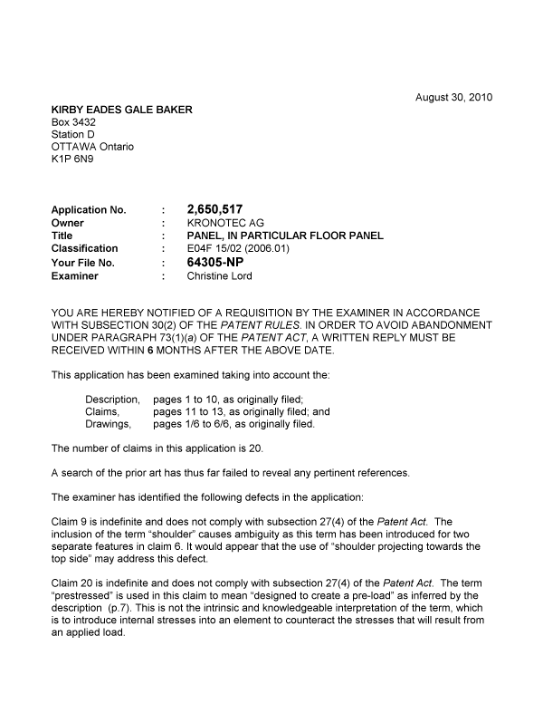 Document de brevet canadien 2650517. Poursuite-Amendment 20100830. Image 1 de 2