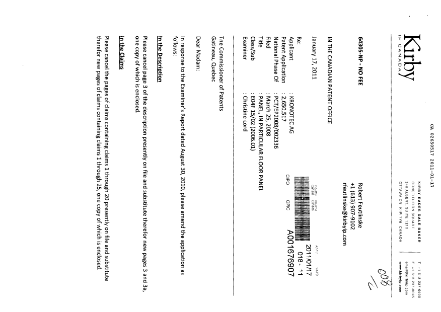 Canadian Patent Document 2650517. Prosecution-Amendment 20110117. Image 1 of 9