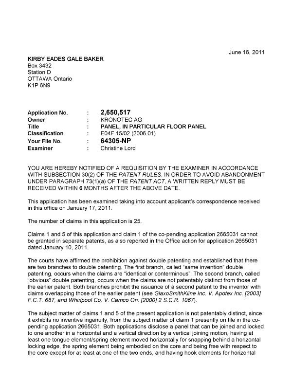 Document de brevet canadien 2650517. Poursuite-Amendment 20110616. Image 1 de 2