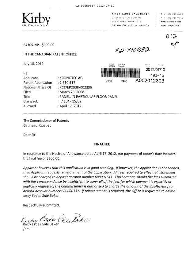 Document de brevet canadien 2650517. Correspondance 20120710. Image 1 de 1