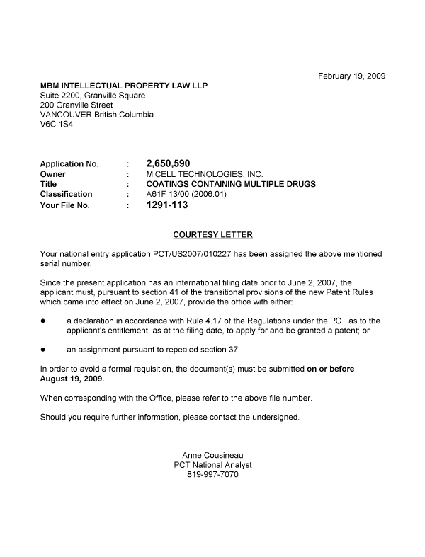 Document de brevet canadien 2650590. Correspondance 20090219. Image 1 de 1