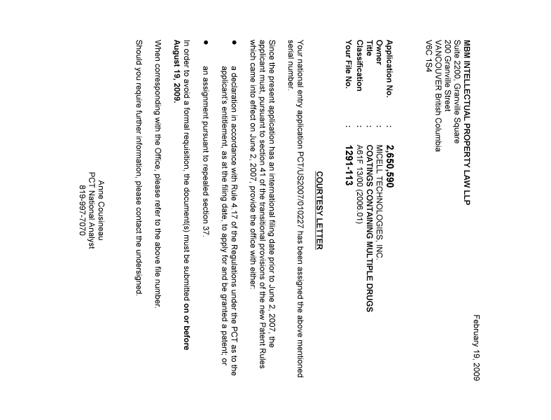 Canadian Patent Document 2650590. Correspondence 20090219. Image 1 of 1