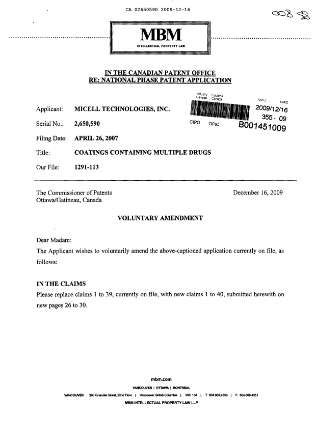 Canadian Patent Document 2650590. Prosecution-Amendment 20091216. Image 1 of 13