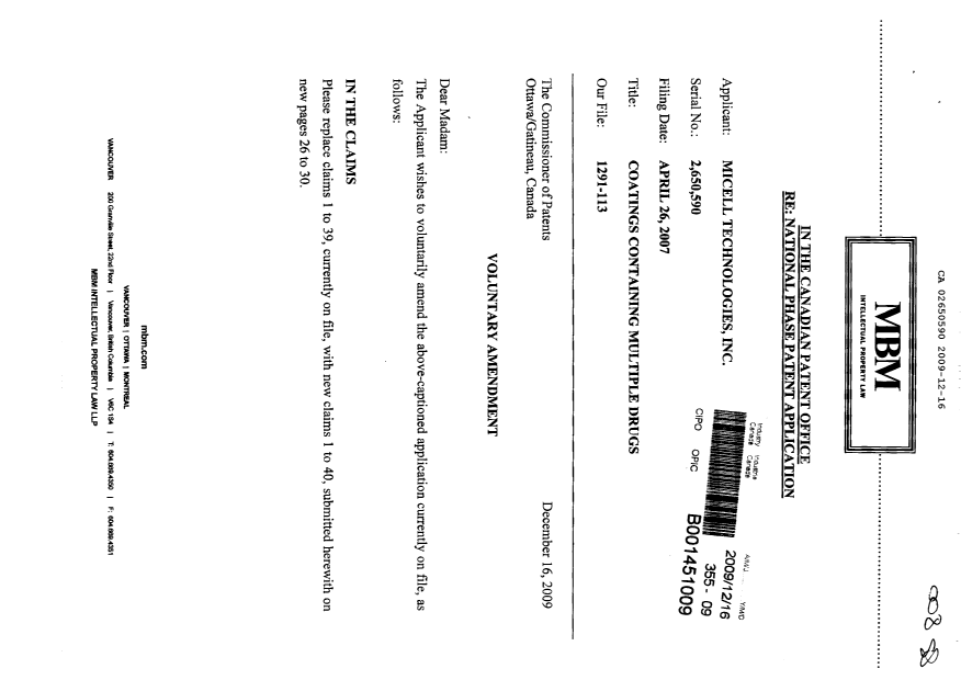 Canadian Patent Document 2650590. Prosecution-Amendment 20091216. Image 1 of 13