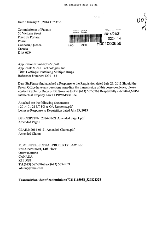 Canadian Patent Document 2650590. Prosecution-Amendment 20140121. Image 1 of 16