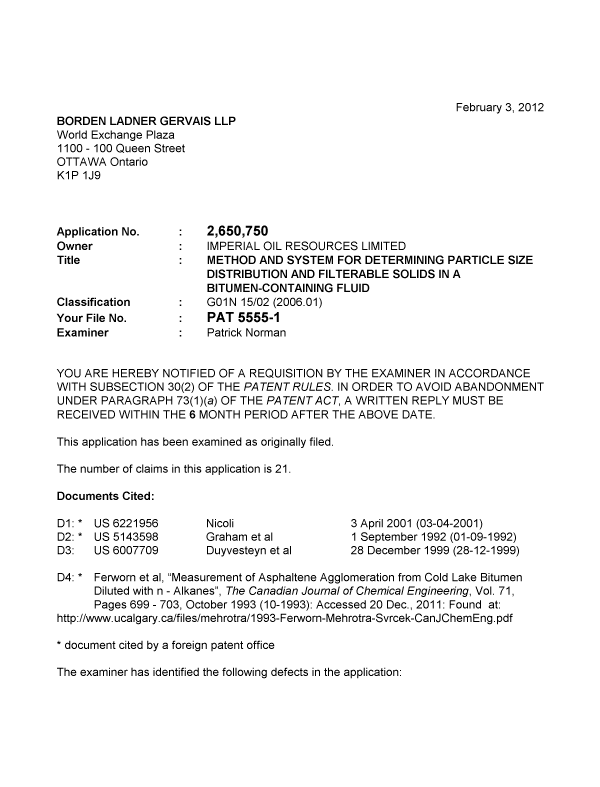Canadian Patent Document 2650750. Prosecution-Amendment 20120203. Image 1 of 4