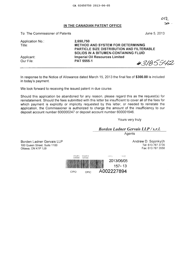 Canadian Patent Document 2650750. Correspondence 20130605. Image 1 of 1