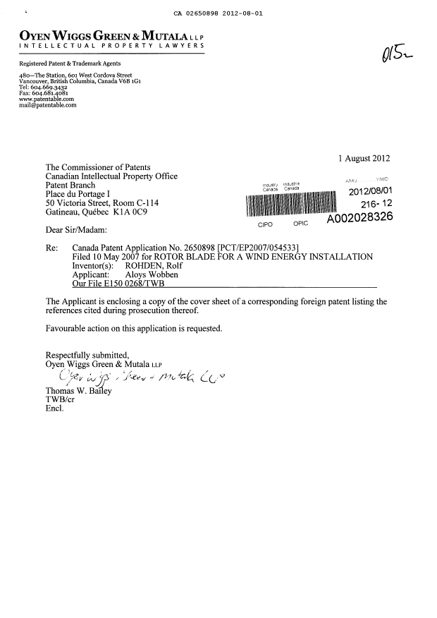 Canadian Patent Document 2650898. Prosecution-Amendment 20120801. Image 1 of 1