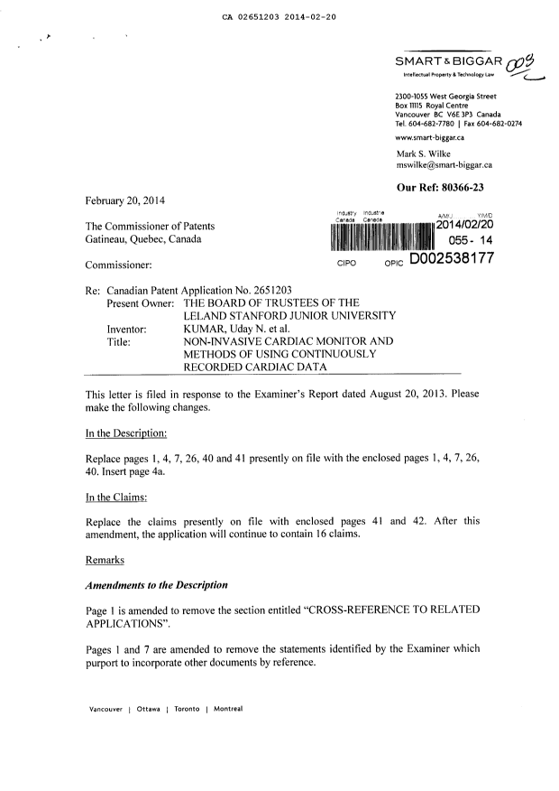 Canadian Patent Document 2651203. Prosecution-Amendment 20131220. Image 1 of 14