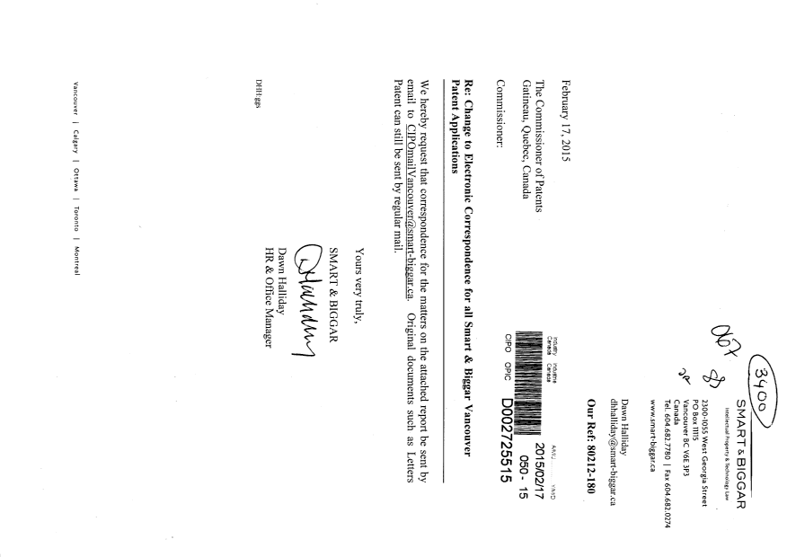 Document de brevet canadien 2651203. Correspondance 20141217. Image 1 de 4