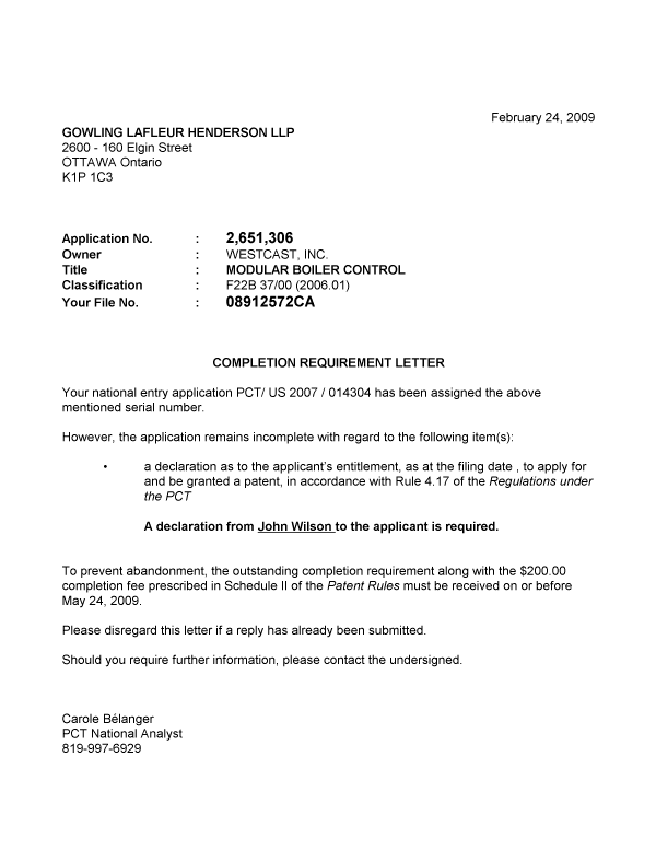 Canadian Patent Document 2651306. Correspondence 20090224. Image 1 of 1