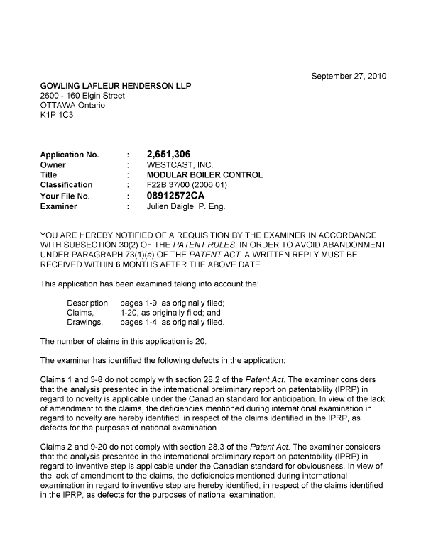 Canadian Patent Document 2651306. Prosecution-Amendment 20100927. Image 1 of 2