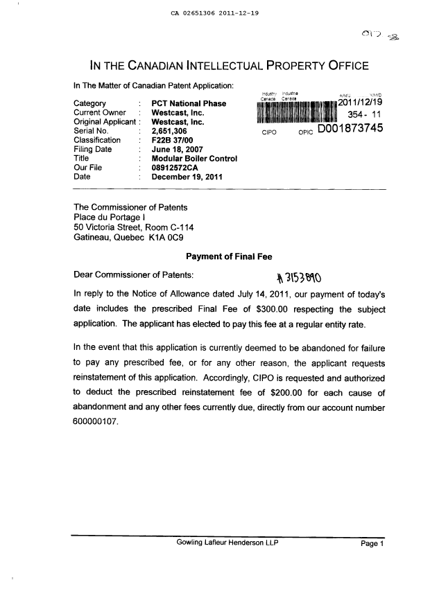 Canadian Patent Document 2651306. Correspondence 20111219. Image 1 of 2