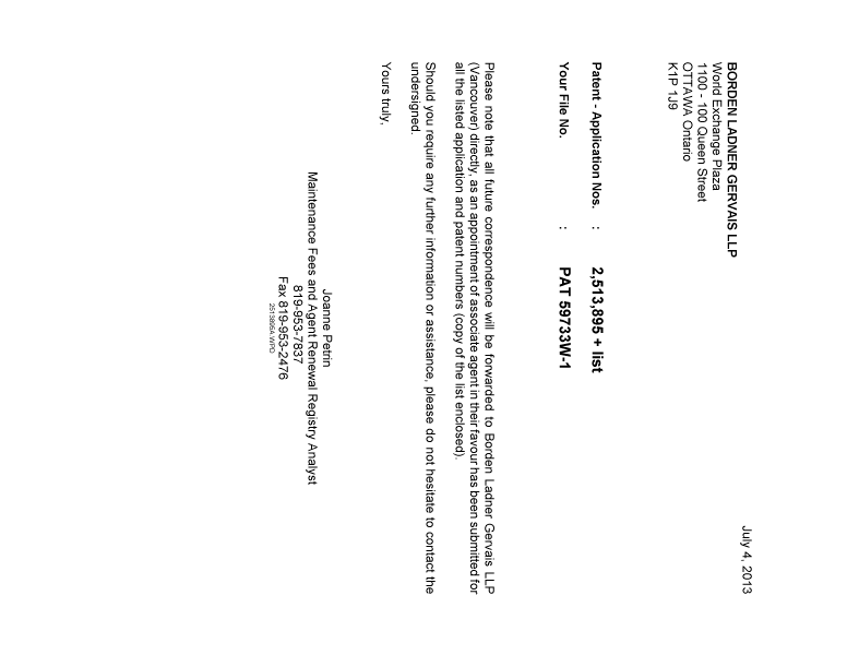 Canadian Patent Document 2651505. Correspondence 20130704. Image 1 of 1