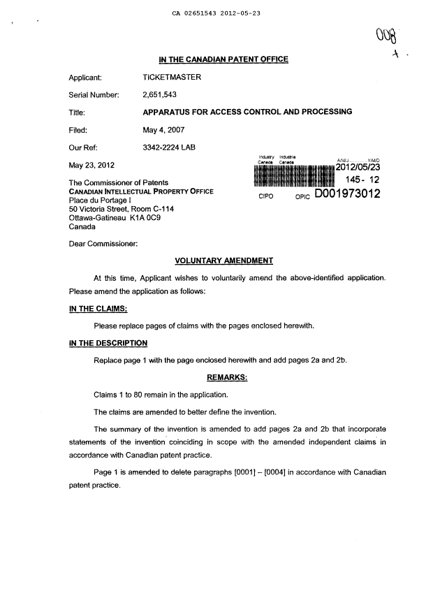 Document de brevet canadien 2651543. Poursuite-Amendment 20120523. Image 1 de 14