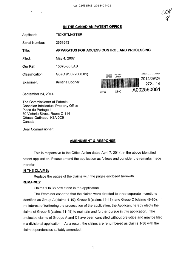 Canadian Patent Document 2651543. Prosecution-Amendment 20140924. Image 1 of 6
