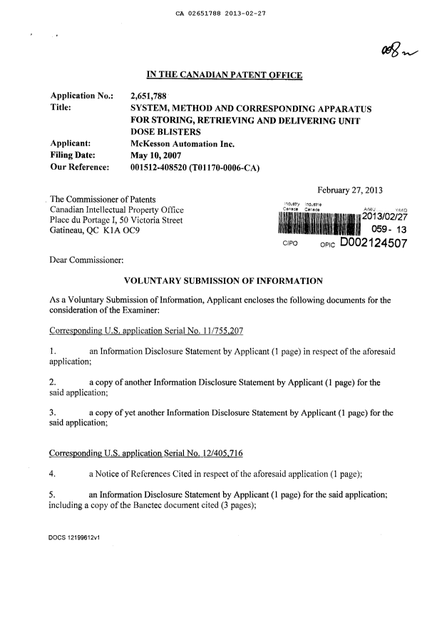Document de brevet canadien 2651788. Poursuite-Amendment 20130227. Image 1 de 2