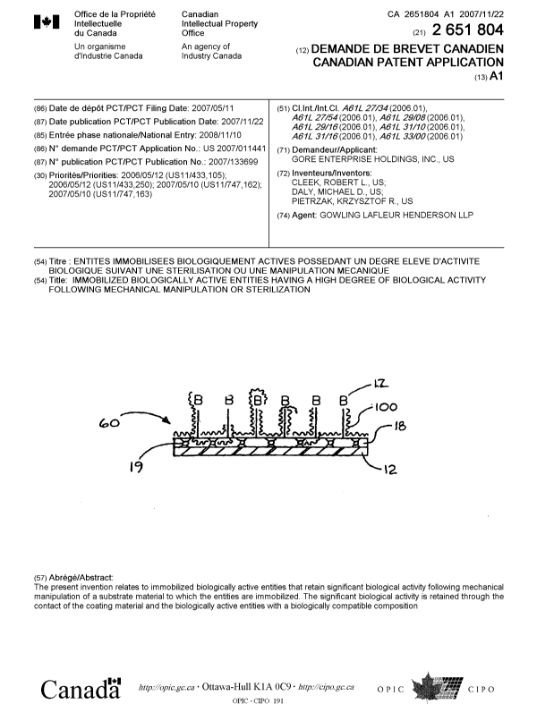 Canadian Patent Document 2651804. Cover Page 20090304. Image 1 of 1