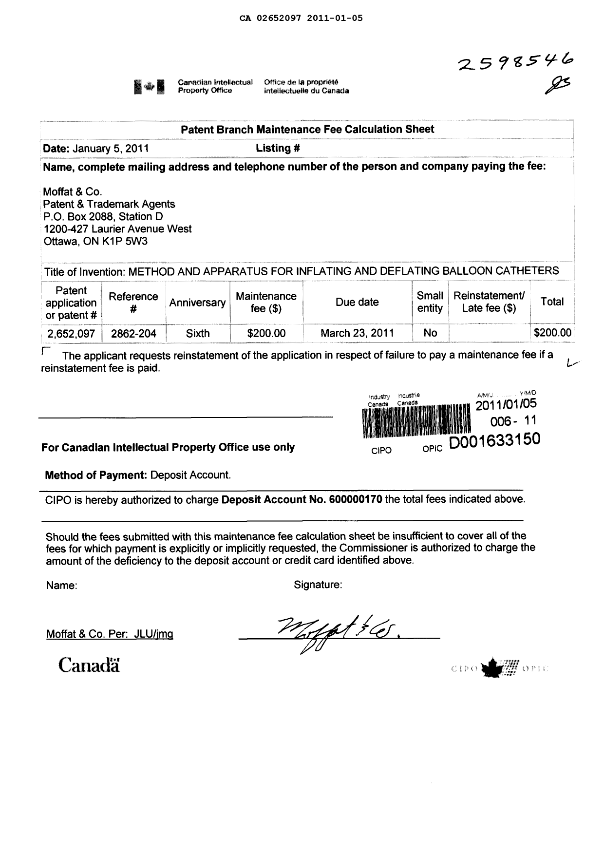 Canadian Patent Document 2652097. Fees 20110105. Image 1 of 1