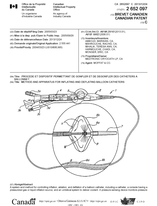 Canadian Patent Document 2652097. Cover Page 20131126. Image 1 of 2