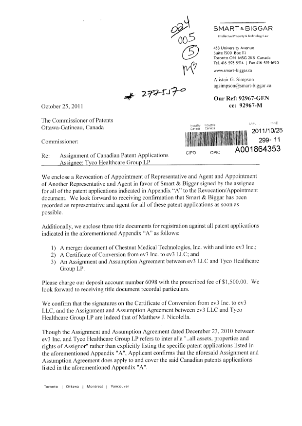 Document de brevet canadien 2652176. Correspondance 20111025. Image 1 de 3