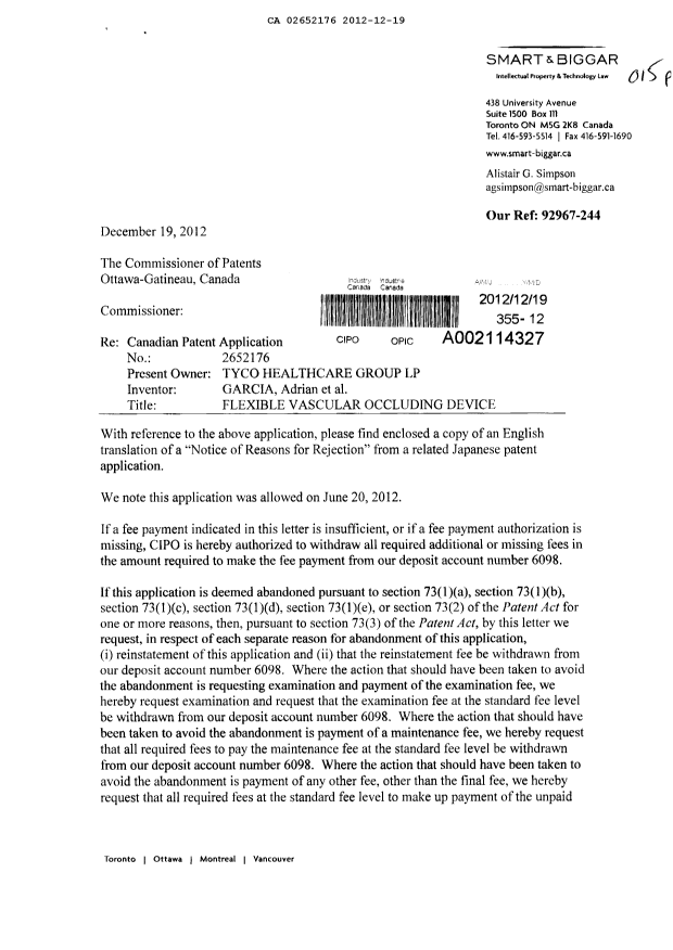 Canadian Patent Document 2652176. Prosecution-Amendment 20121219. Image 1 of 2