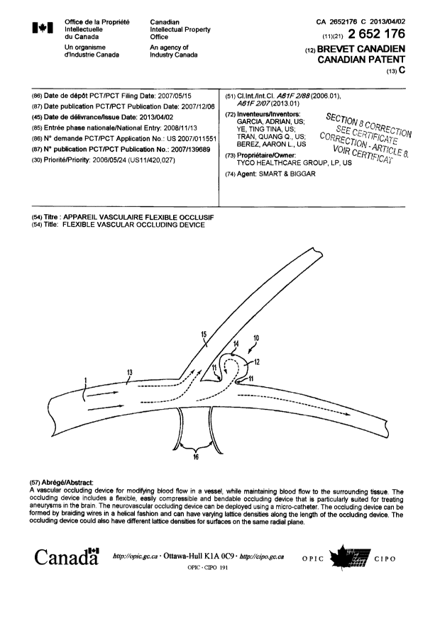 Canadian Patent Document 2652176. Cover Page 20130722. Image 1 of 2