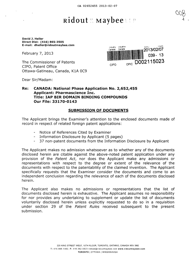 Canadian Patent Document 2652455. Prosecution-Amendment 20121207. Image 1 of 2