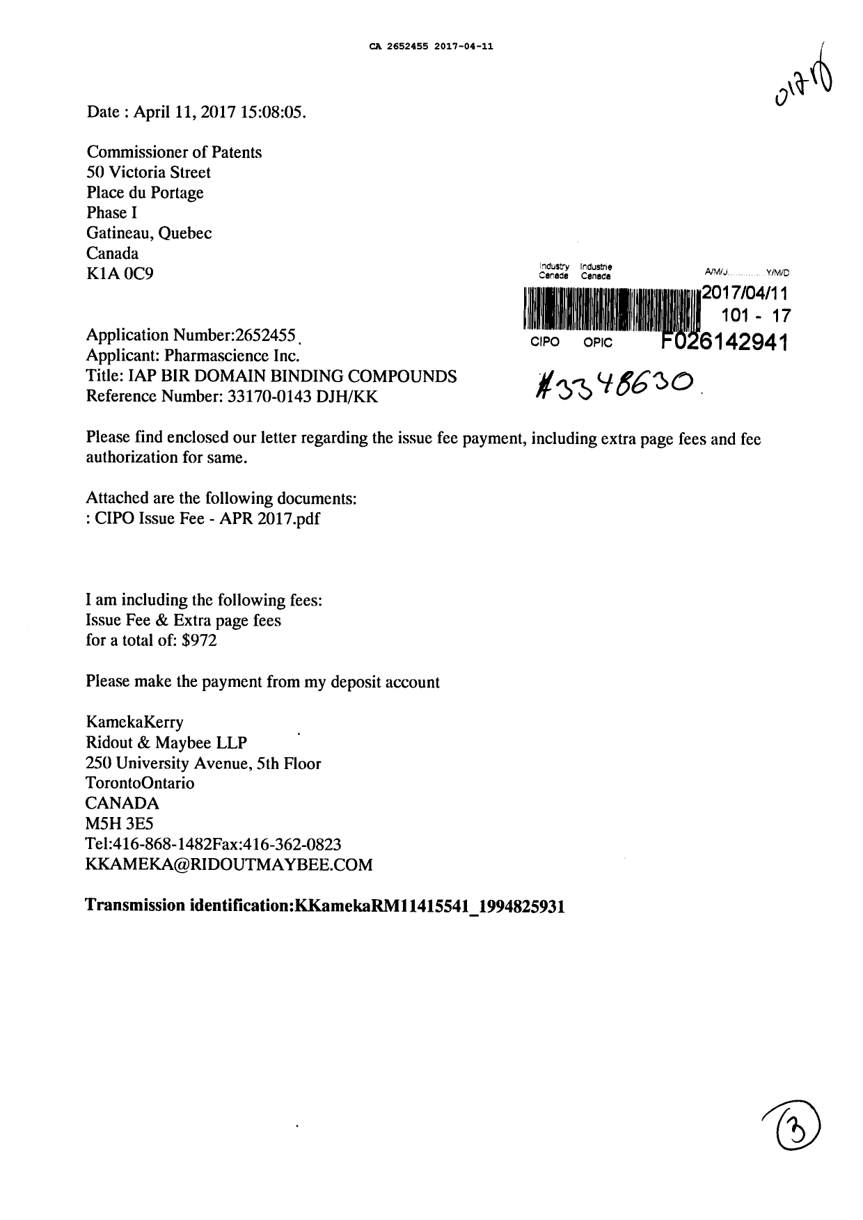 Document de brevet canadien 2652455. Correspondance 20161211. Image 1 de 3