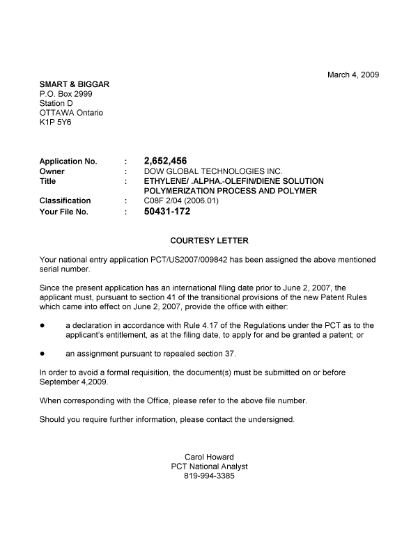 Document de brevet canadien 2652456. Correspondance 20090304. Image 1 de 1