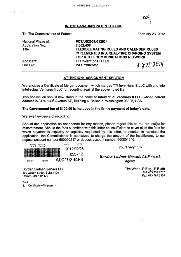 Canadian Patent Document 2652458. Assignment 20120223. Image 1 of 3
