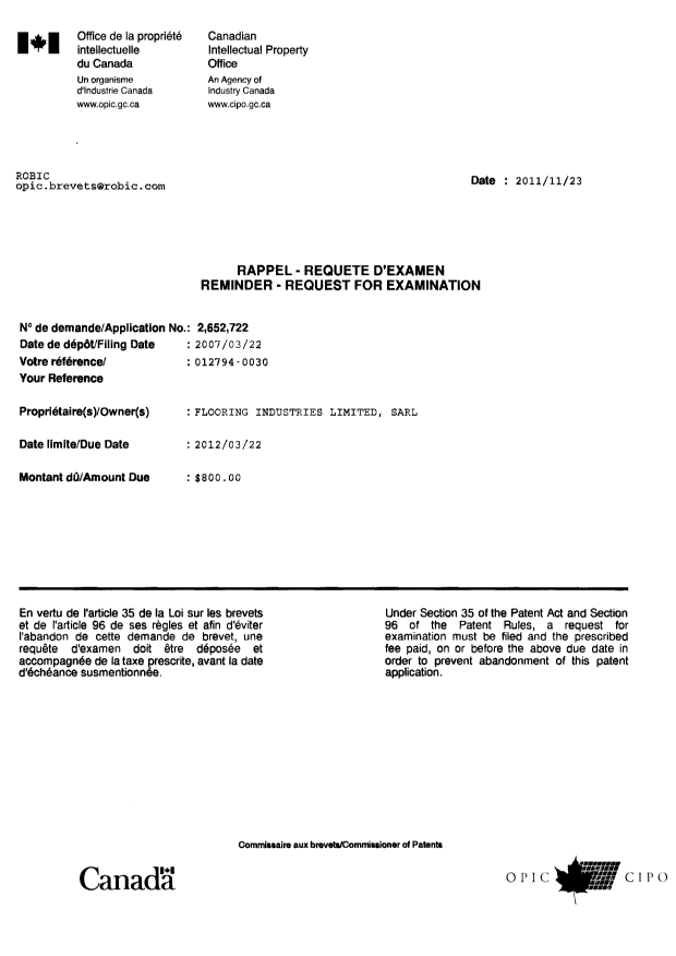 Document de brevet canadien 2652722. Correspondance 20111123. Image 1 de 1