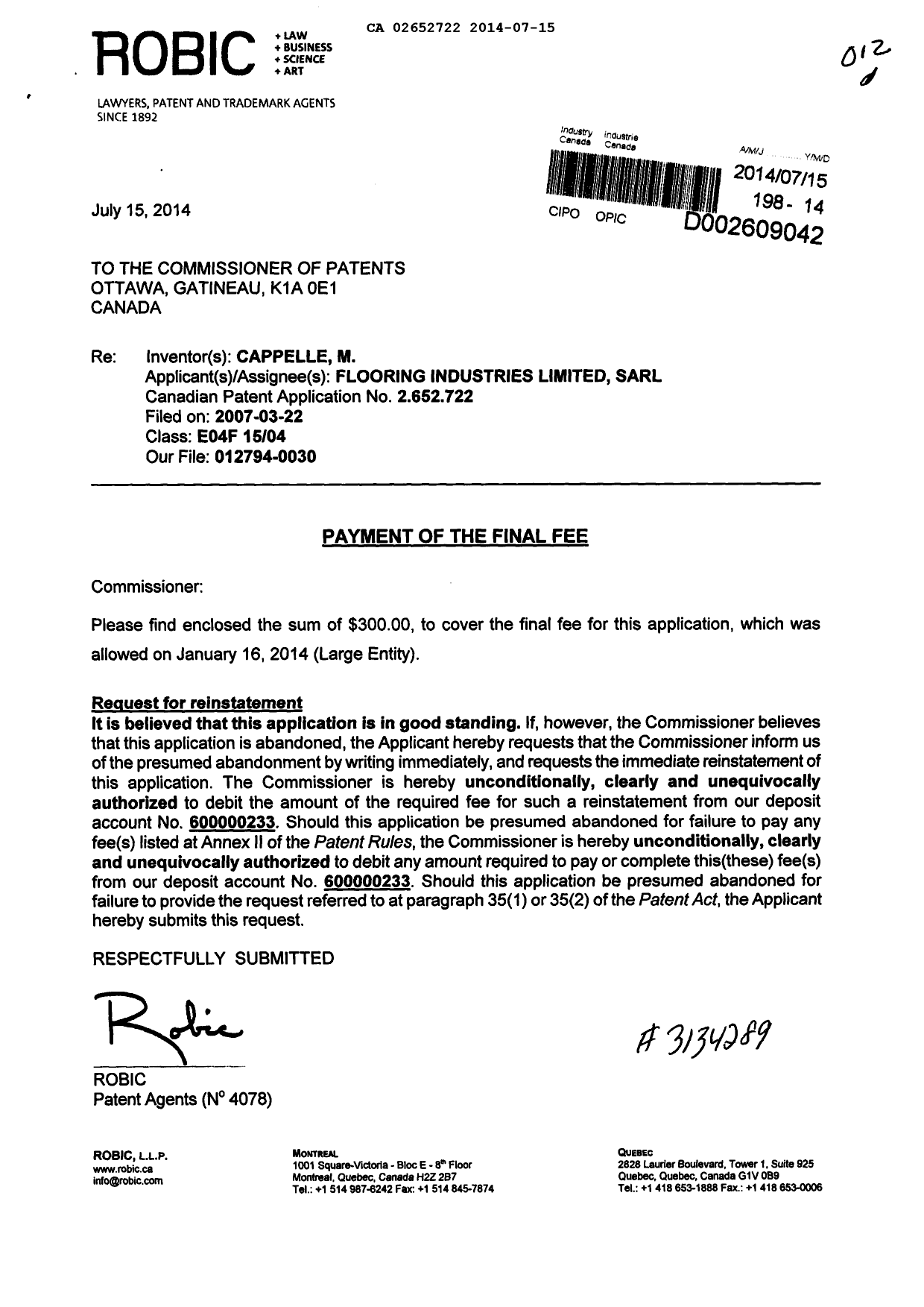 Canadian Patent Document 2652722. Correspondence 20140715. Image 1 of 2