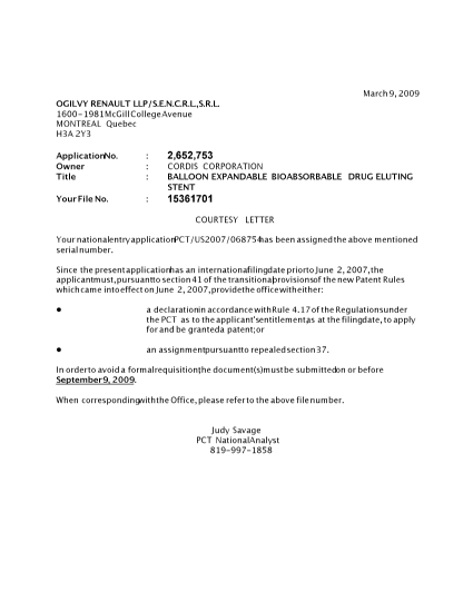 Canadian Patent Document 2652753. Correspondence 20081207. Image 1 of 1