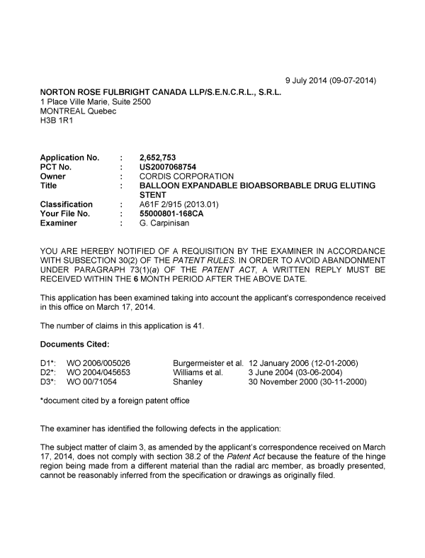 Canadian Patent Document 2652753. Prosecution-Amendment 20131209. Image 1 of 3