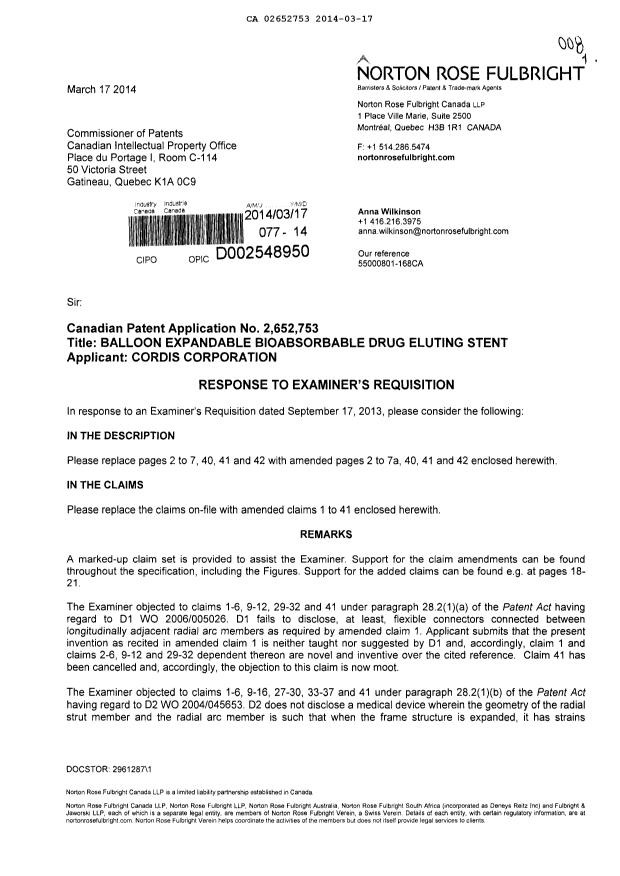 Document de brevet canadien 2652753. Poursuite-Amendment 20131217. Image 1 de 24