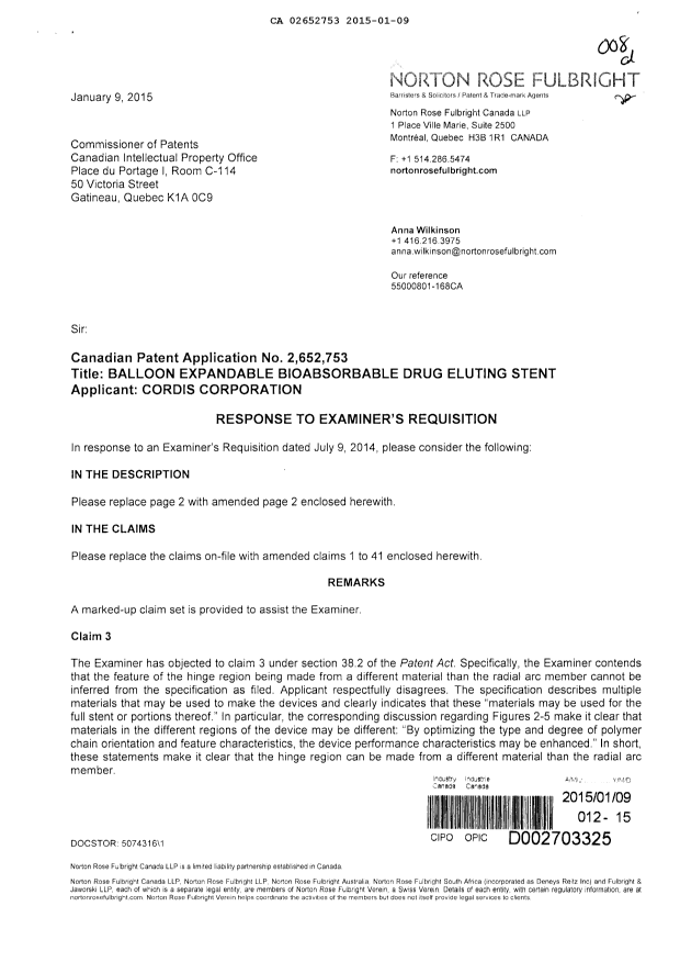 Canadian Patent Document 2652753. Prosecution-Amendment 20141209. Image 1 of 14