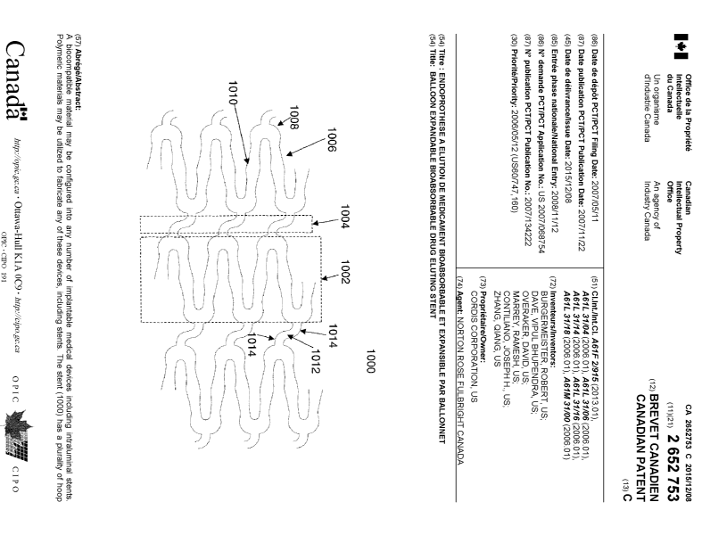 Document de brevet canadien 2652753. Page couverture 20141217. Image 1 de 2