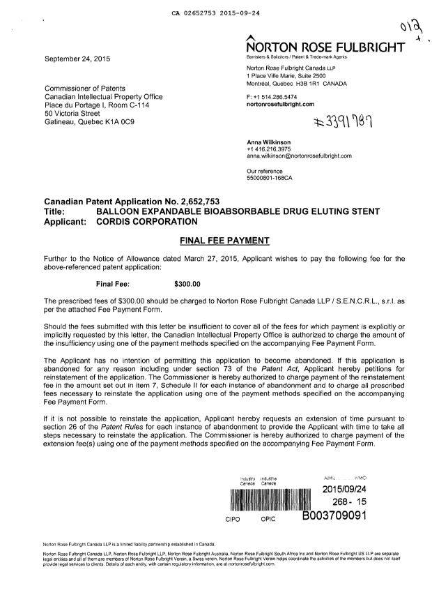 Document de brevet canadien 2652753. Taxe finale 20150924. Image 1 de 2