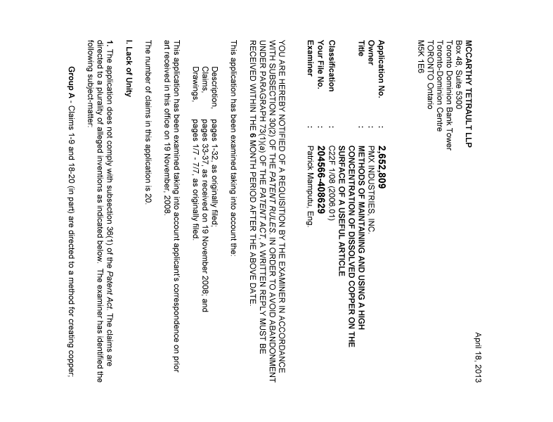 Canadian Patent Document 2652809. Prosecution-Amendment 20130418. Image 1 of 3