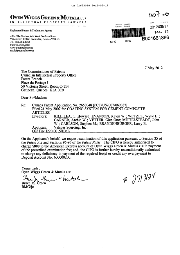 Document de brevet canadien 2653048. Poursuite-Amendment 20120517. Image 1 de 1
