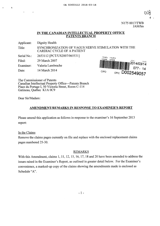 Canadian Patent Document 2653112. Prosecution-Amendment 20140314. Image 1 of 15