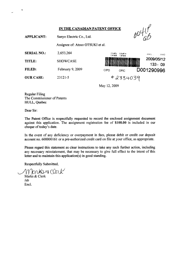 Document de brevet canadien 2653264. Cession 20090512. Image 1 de 2