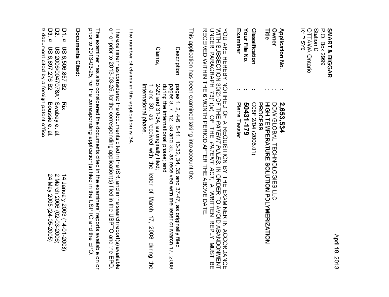 Document de brevet canadien 2653534. Poursuite-Amendment 20130418. Image 1 de 4
