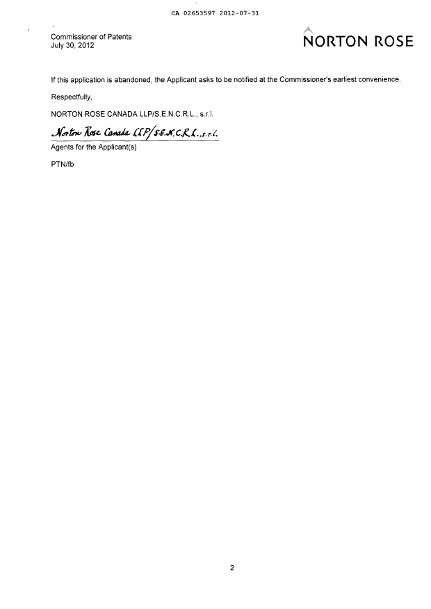 Canadian Patent Document 2653597. Prosecution-Amendment 20120731. Image 2 of 2