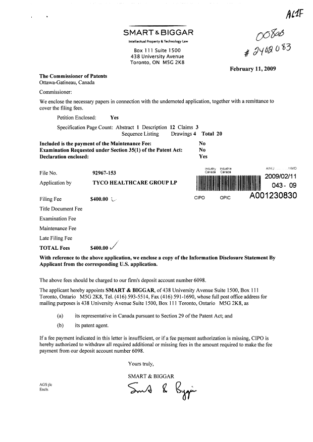 Canadian Patent Document 2653795. Prosecution-Amendment 20081211. Image 1 of 1