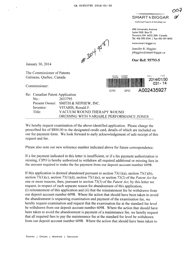 Canadian Patent Document 2653795. Prosecution-Amendment 20131230. Image 1 of 2